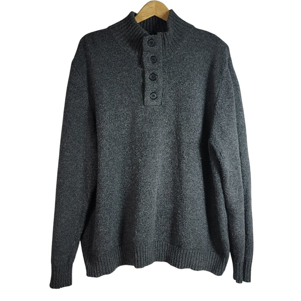 Lands' End Men Wool Blend Sweater Gray XL Long Sleeve Button 1/4 Zip High Collar